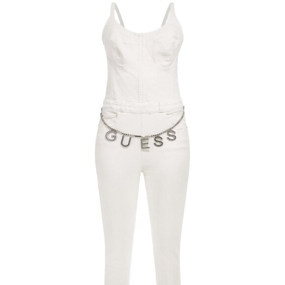 GUESS Skinny Denim Jumpsuit Logo Stones Belt Zip Back Bustier One Piece WHT S/P - Picture 3 of 8